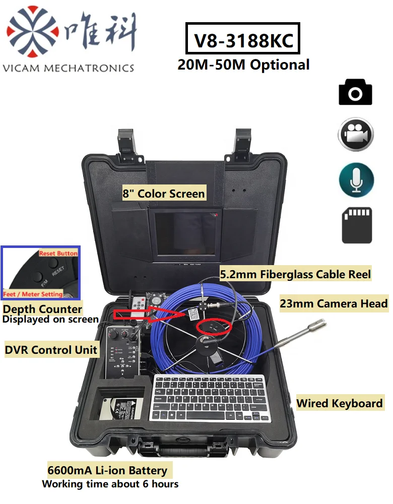 Vicam 20M 50M Sewer Drain Pipe Inspection Camera 8inch Screen 23mm Industrial Endoscope Camera Depth Counter Sewer Cameras