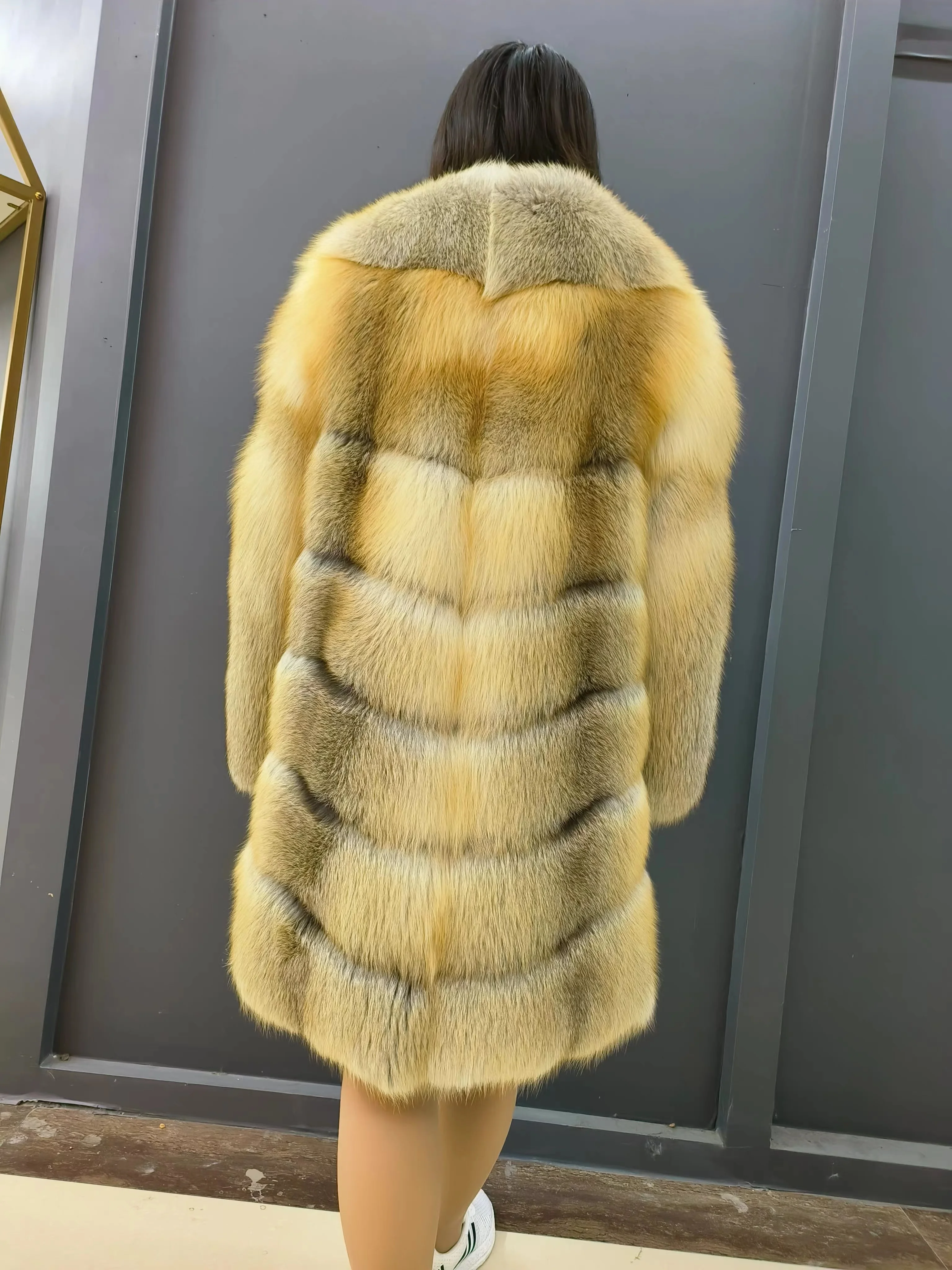 New Style Custom Gold Island Fox Fur Women Coat Wholesale Natural Red Fox Fur Coat With Big Fur Collar