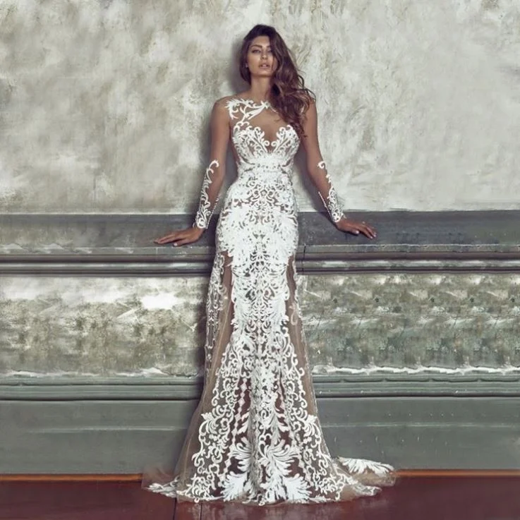 Autumn 2021 best standard long sleeve Embroidered gauze wedding dress new evening dress