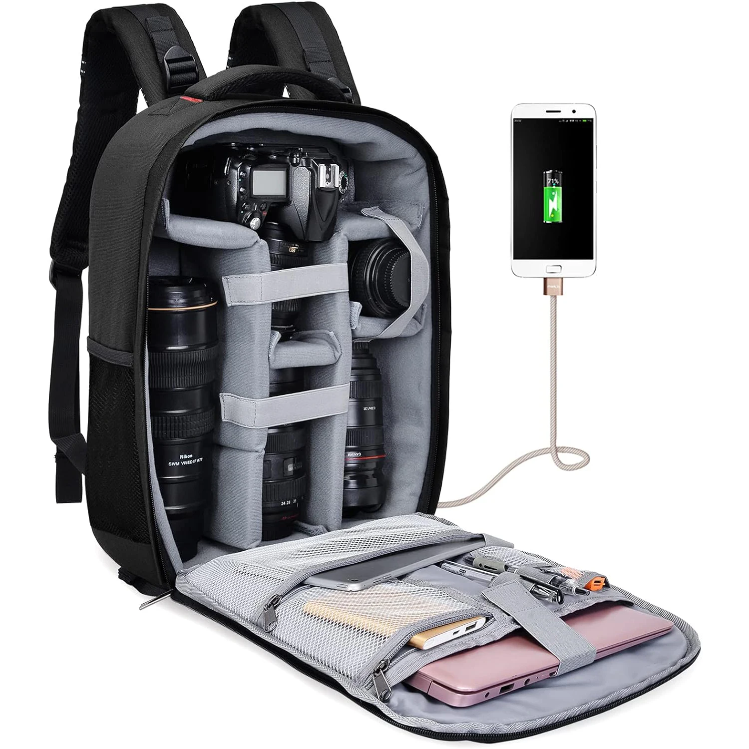 Camera Backpack Professional DSLR Bag with USB Charging Port Rain Cover, Photography Laptop Backpack for Women Men Waterproof