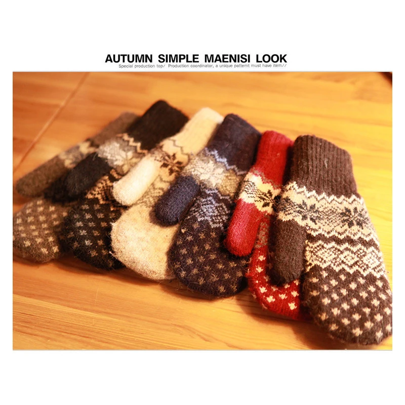 Ready to Ship Wholesale Wool Lady Winter Mittens Snow Pattern Winder Girl Warm Mittens
