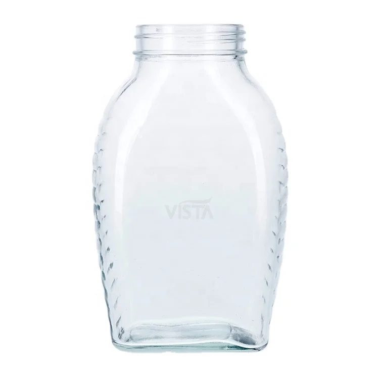 650ml Clear Transparent Queenline Honey Glass Jar Lines Embossment Flat Jar For Food Storage With 63mm Screw Lid