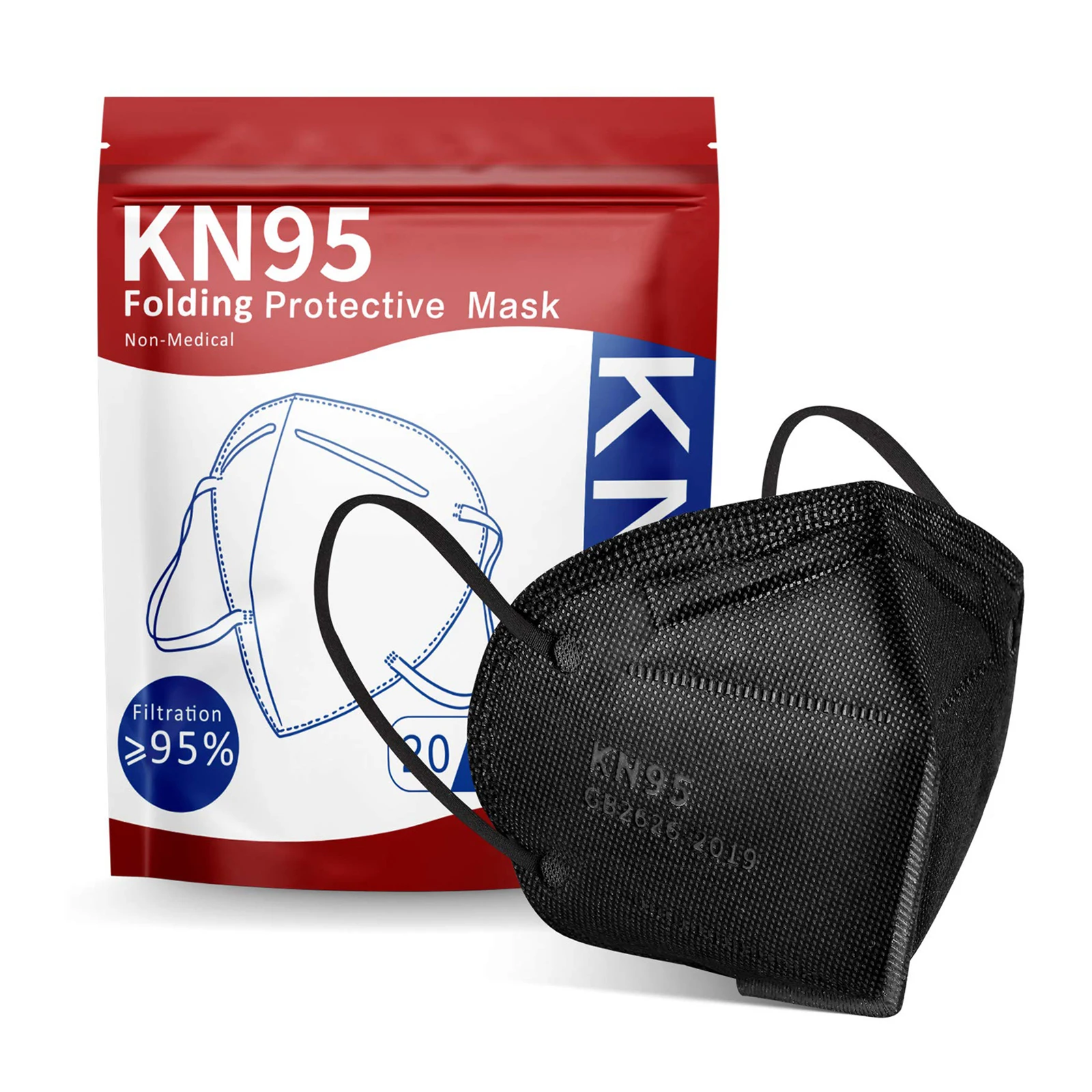 KN95 Face Mask Black Layer Cup Dust Safety Masks Filter Efficiency 95% Breathable Elastic Ear Loops Black Masks 20000pcs KN95
