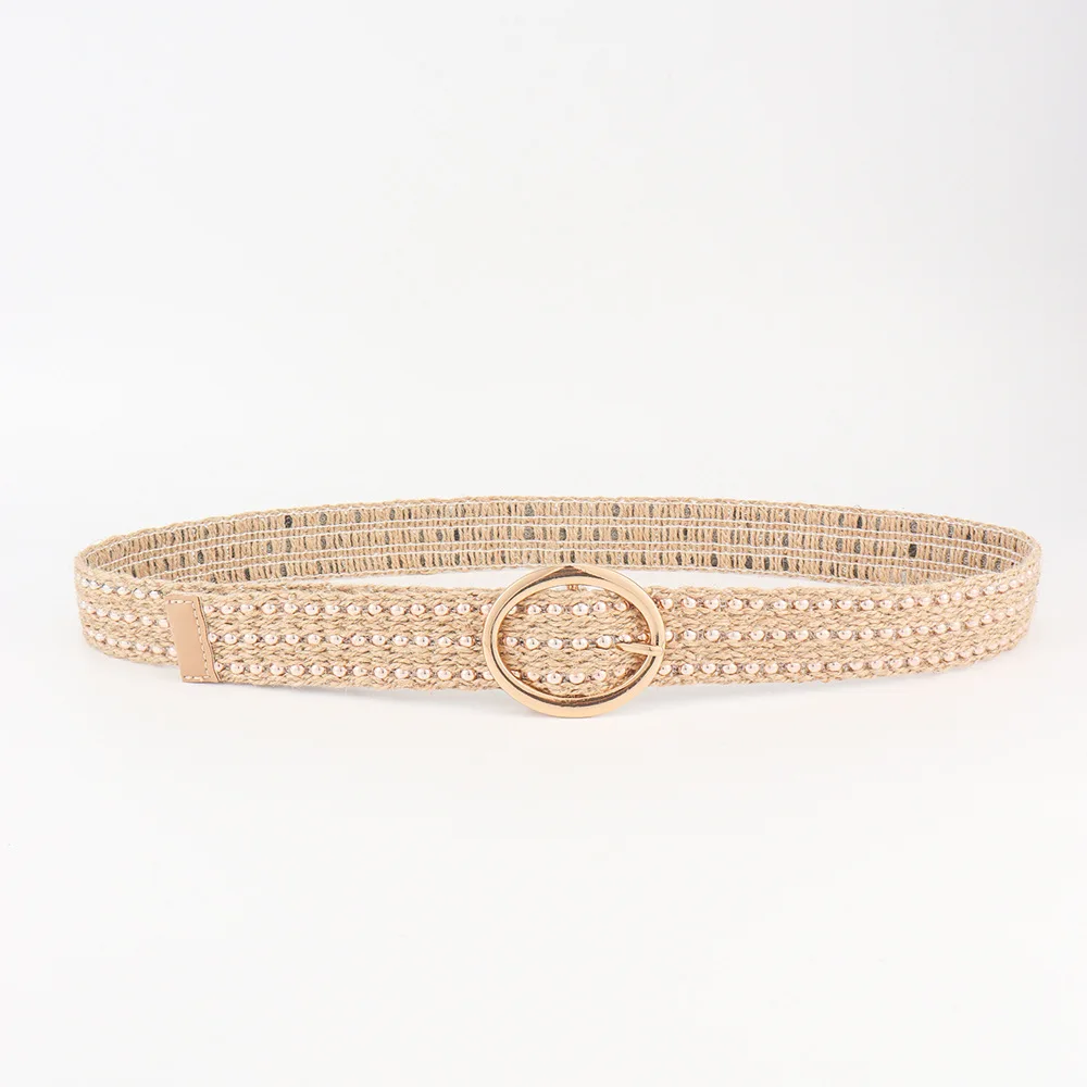 Summer new braided belt with bead rivets with body oval alloy buckle Champagne gold wool pp grass series dress