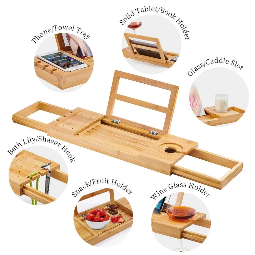 Premium 100% Natural Expandable Bamboo Bathtub Caddy Bath Tub Tray Bridge