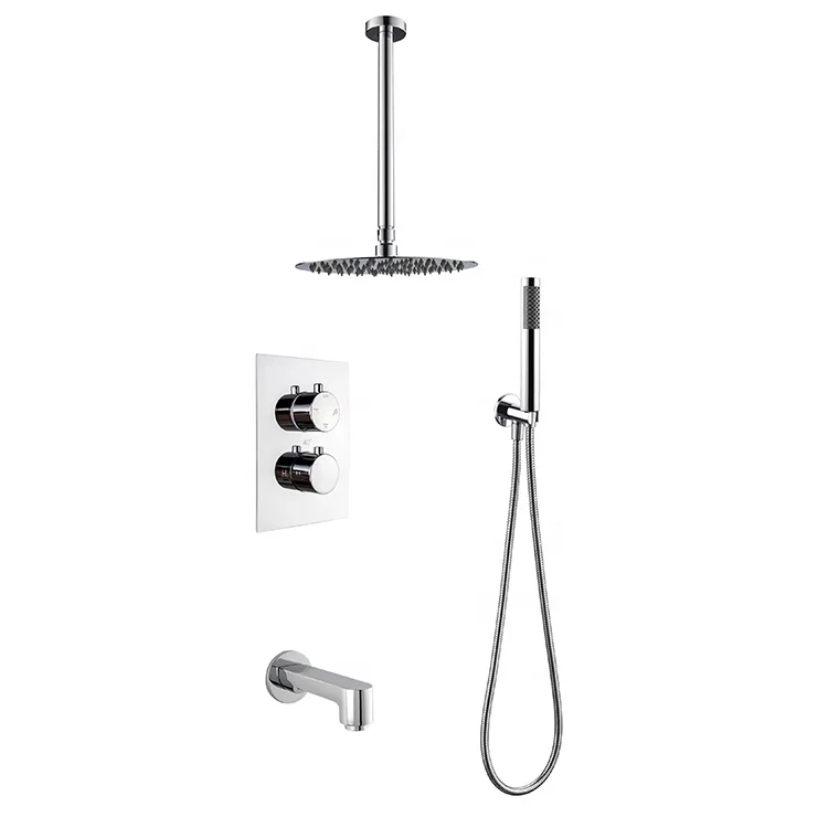 Lanerdi Faucet Manufacturer Chrome Ceiling Mount Thermostatic Shower System with Rainfall Showerhead and Hand Shower Body Jets