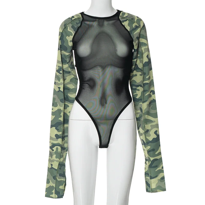 X2183 - hot sale long sleeve camouflage mesh see through sexy women short bodycon jumpsuits