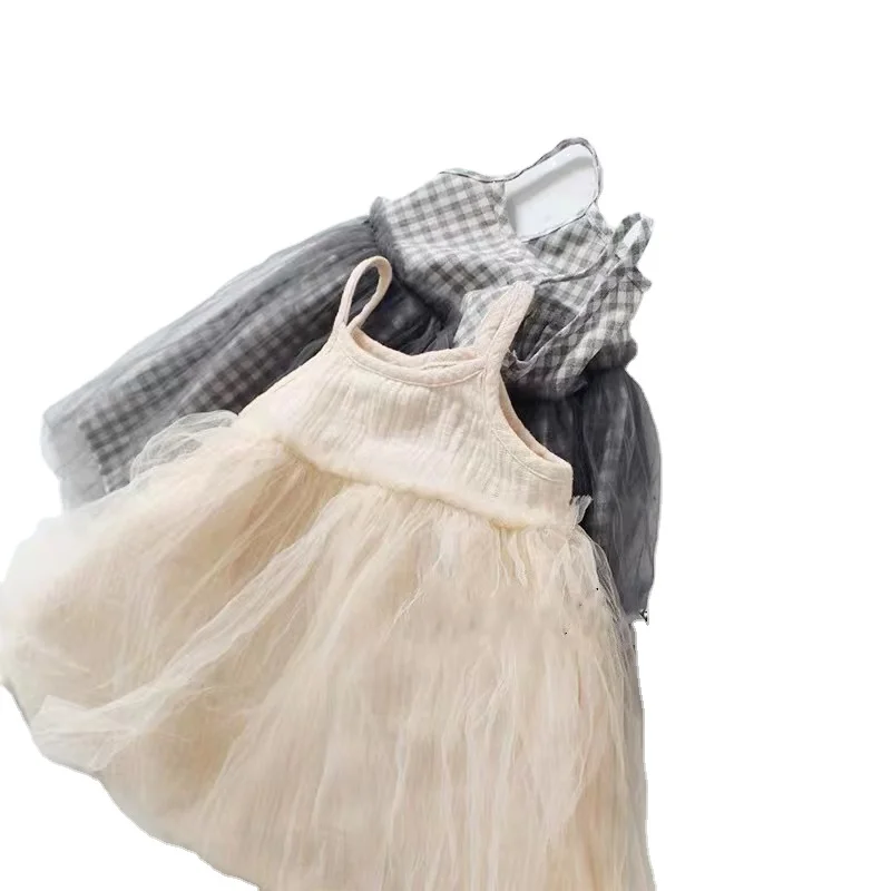 FMFS INS Muslin Kids Dress Sleeveless Linen Cotton Summer Little Girls Dress Boutique Tulle Patchwork Children Dress