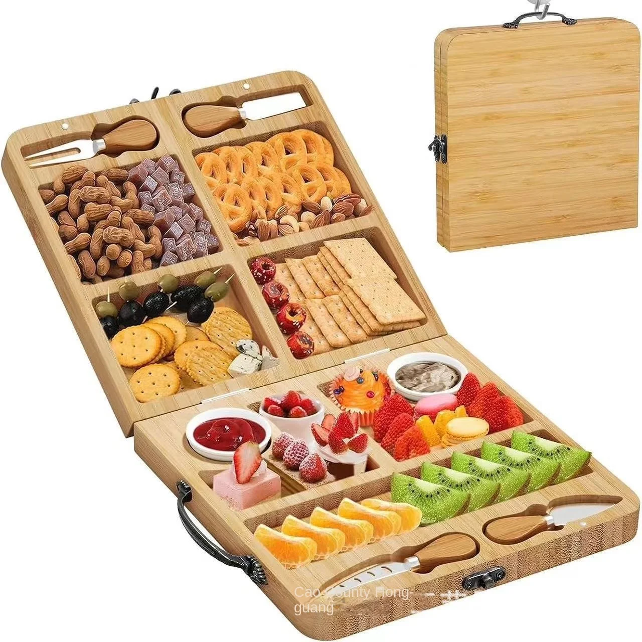 Portable Solid Wood Eco-friendly Board Set for Chopping Fruit Bread Cheese Nuts Folding Design for Snacks and Deli Use