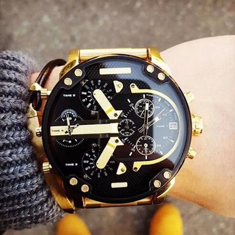 New Arrivals Original DZ Big Black Dial Gold Tone Stainless Steel Chronograph Quartz Watch For Men