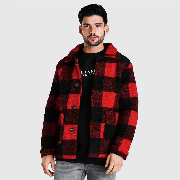 Autumn winter fashionable street wear keep warm check borg jacket for men