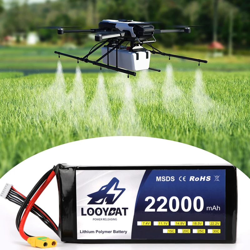 LOOYBAT 12000mAh 16000mAh 22000mah 22.2V 6S LiPO Battery 25C 50C UAV Hexacopter XT90 Lithium Polymer Battery For Big Load Drone