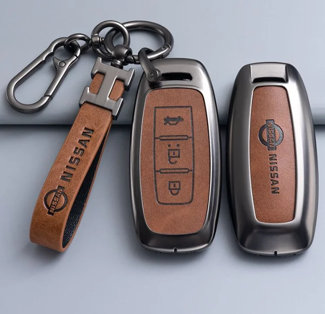 Fashion luxury metal zinc alloy leather car remote key cover case fob for nissan