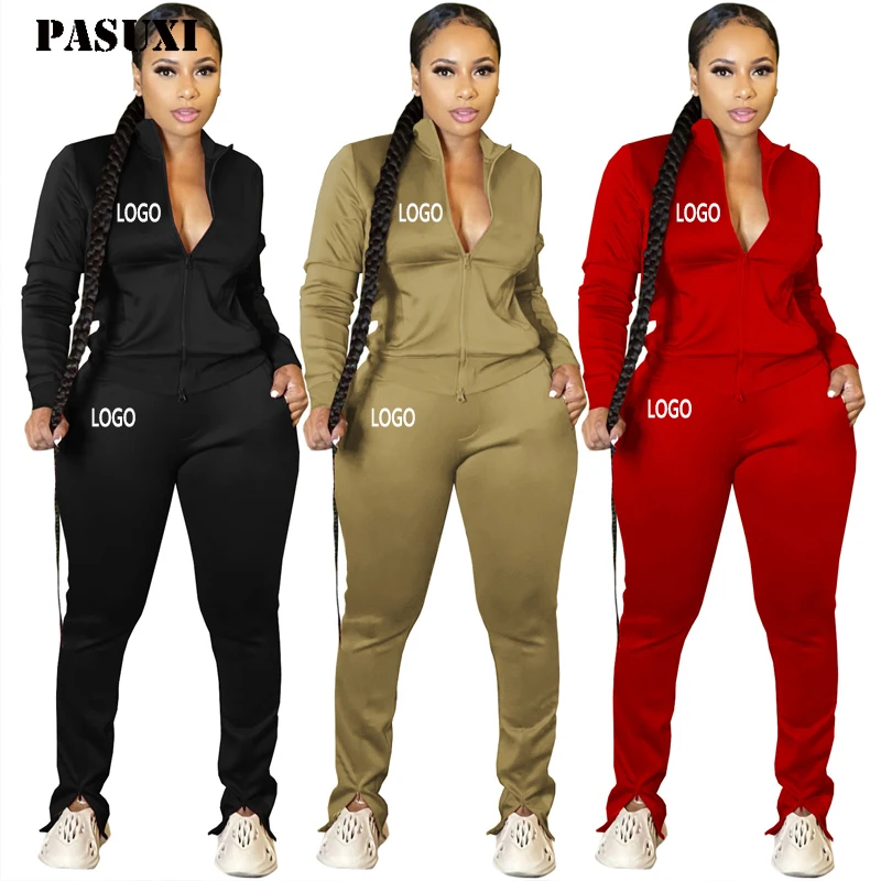 PASUXI High Quality Wholesale Women 2 Piece Sweat Suit Fitness Zip up Sweatshirts Sets Custom Women Crop Top Hoodie Set