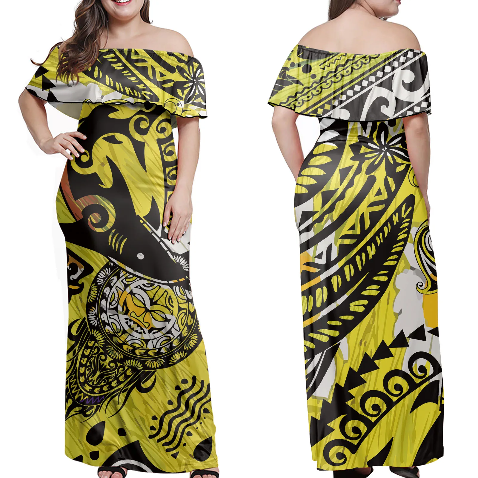 
2021 Private Label Polynesian Tribal Stripe Custom Logo Print Off Shoulder Dresses Lady Sexy 4XL 5XL 6XL 7XL Women Dress 