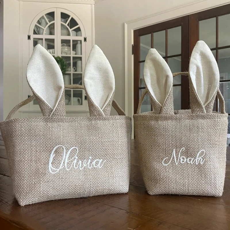 Personalized Easter Basket Easter Decorations 2023 Bunny Ears Burlap Bunny Easter Basket