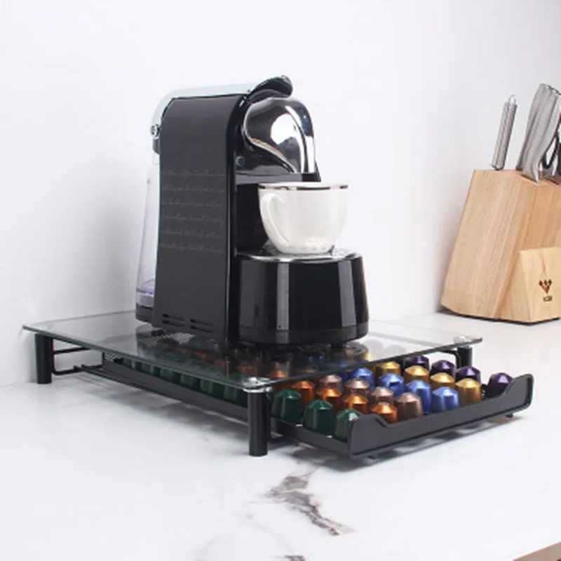 New Product Pull Out Glass Coffee Rack Glass Cover 60 Cups Metal Storage Rack Coffee Rack Capsule Holder
