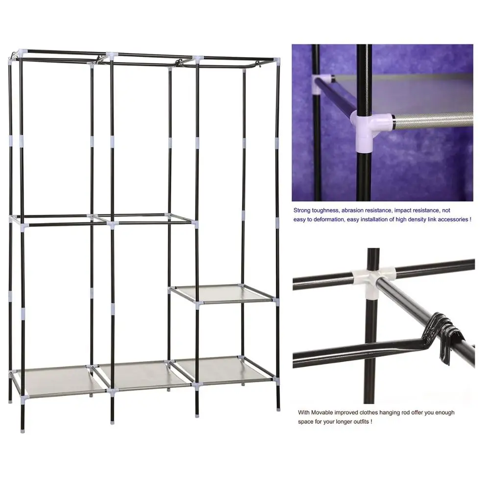 
Wardrobe Closets Portable Clothes Closet Non-Woven Fabric Storage Organizer Rolling Door Cloth Storage Shelf with 5 Hanging Rack 