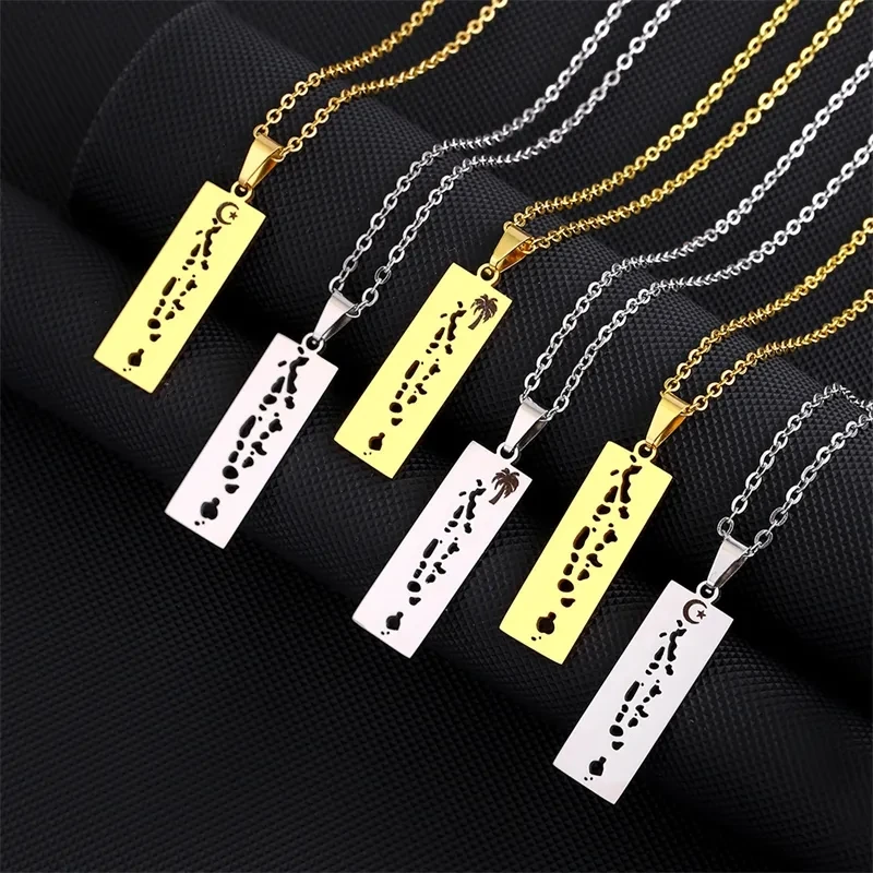 Stainless Steel Maldives Map Pendant Necklaces Gold/Silver Color Maldivian Jewelry With Coconut Tree and Flag Symbol Jewelry