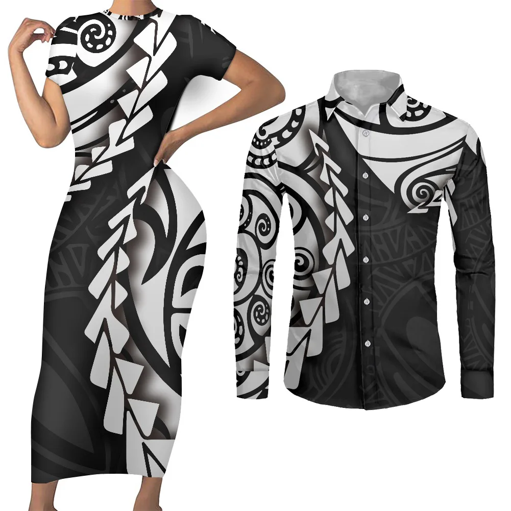 Tropical Palm Print Long Bandage Dress Straight Fit Casual Women Short Sleeve Tight Summer Dresses Polynesian Couple Clothes Set