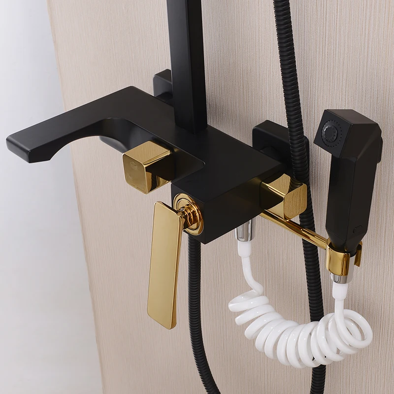 Black Gold Shower System Cold And Hot Water Mixer 4 Functions Contemporary Shower Faucets Bathroom Shower Set