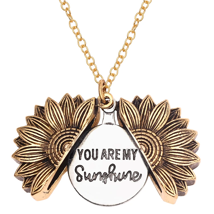 Wholesale Antique Gold Silver Open Locket You Are My Sunshine Sunflower Pendant Necklace For Women