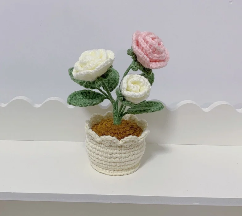 2023SYWhite Roses Artificial Flowers Crochet Potted Plant Wedding Decorative Vases for Home Decor Bride Bouquet Foam Craft Gifts