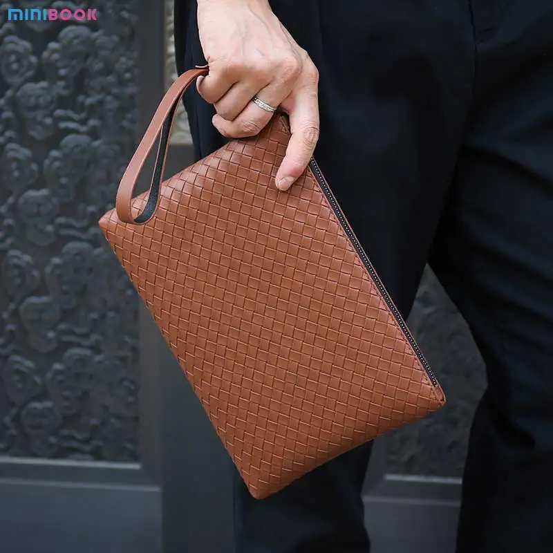 Fashion Men Super Fiber Leather Woven Handbag High Quality Large Capacity Business Casual Handbag Multi Pocket Hand Bag For Men