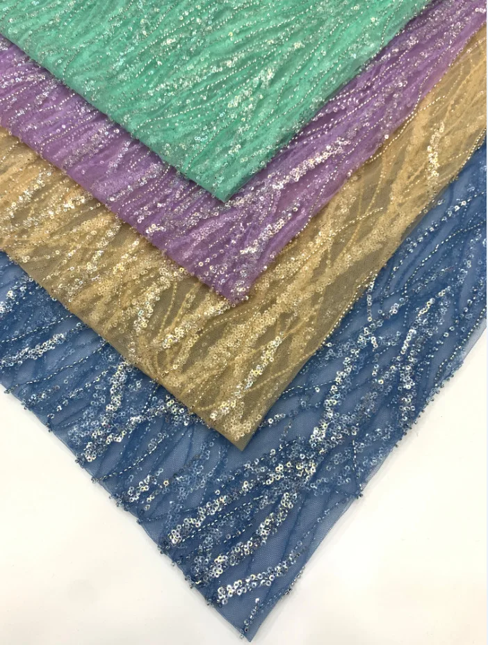 LS336 New French Tulle Mesh Polyester Lace Luxury White Bridal Beaded Sequins Lace Embroidery Wedding Dress Fabric