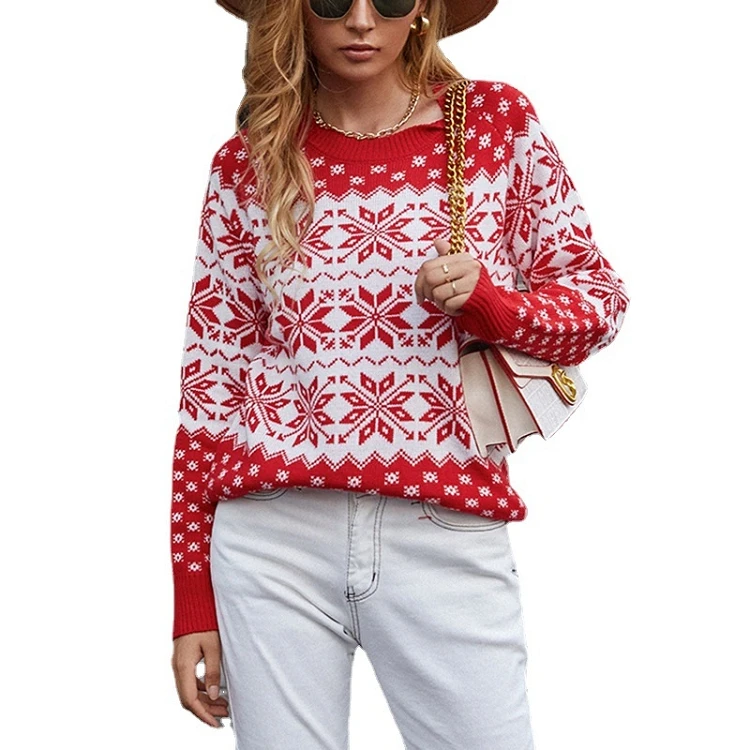 2021 autumn winter new Christmas sweater ladies snowflake holiday knitted round neck sweater