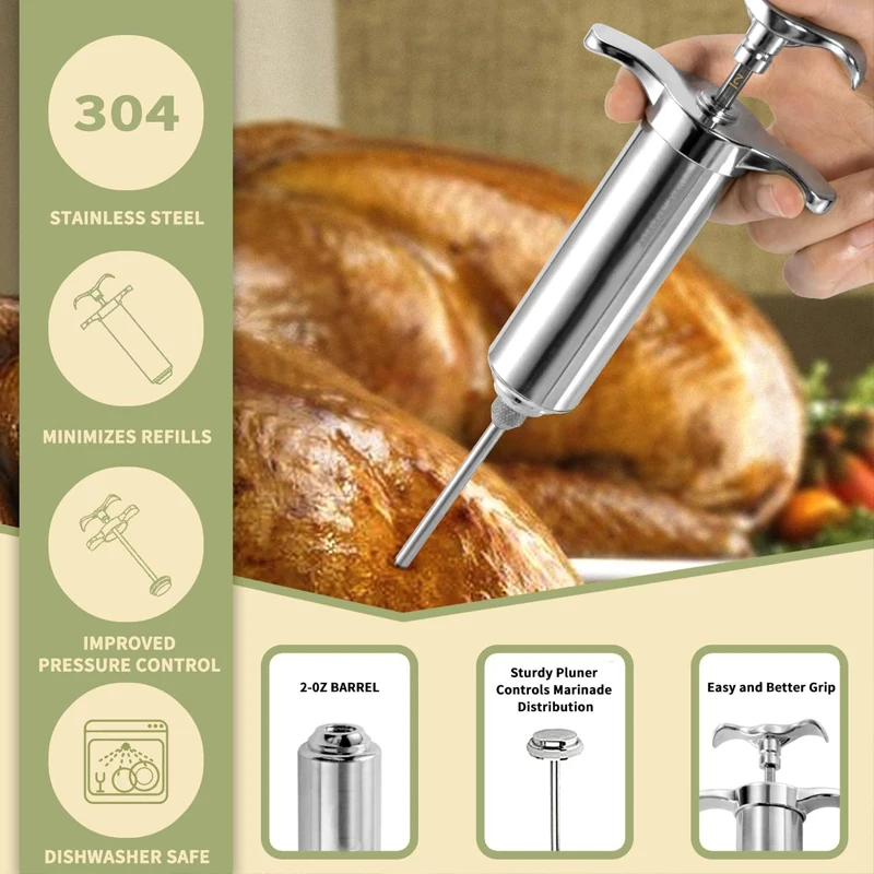 2 oz BBQ Meat Injector Syringe Seasoning Marinade Injector with 3Needles Kitchen 304 Stainless Steel Turkey Baster Meat Injector