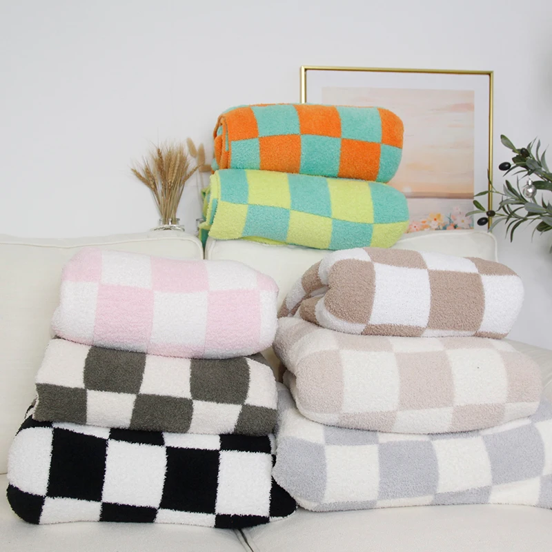 High quality super soft 100%polyester checkered colorful luxury knitted blanket