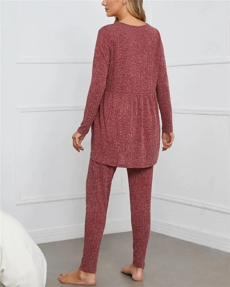 
M046 Long Sleeve Ruffle Hem Top and Sweatpants Loungewear Pajama Maternity Pant Set 