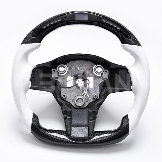 Real Carbon Fiber W/heated LED D-Type Racing Design Flat Bottom Steering Wheel White Nappa Perforated Leather Tesla Model 3 / Y