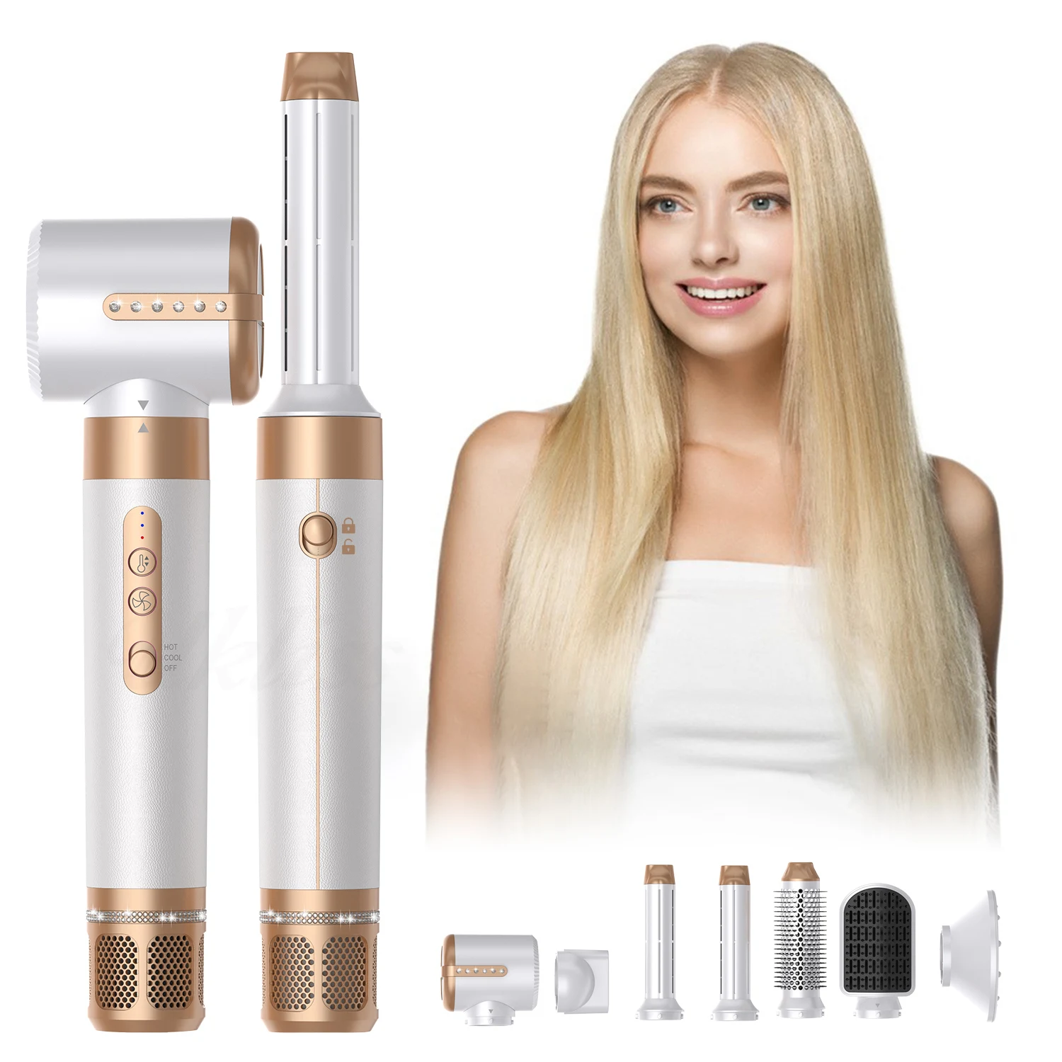 Factory  High Speed Brushless Motor 7 in 1 Hair Dryer Brush Bldc Powerful Air Blow Dryer Curler Blow Dryer with Comb Attachment