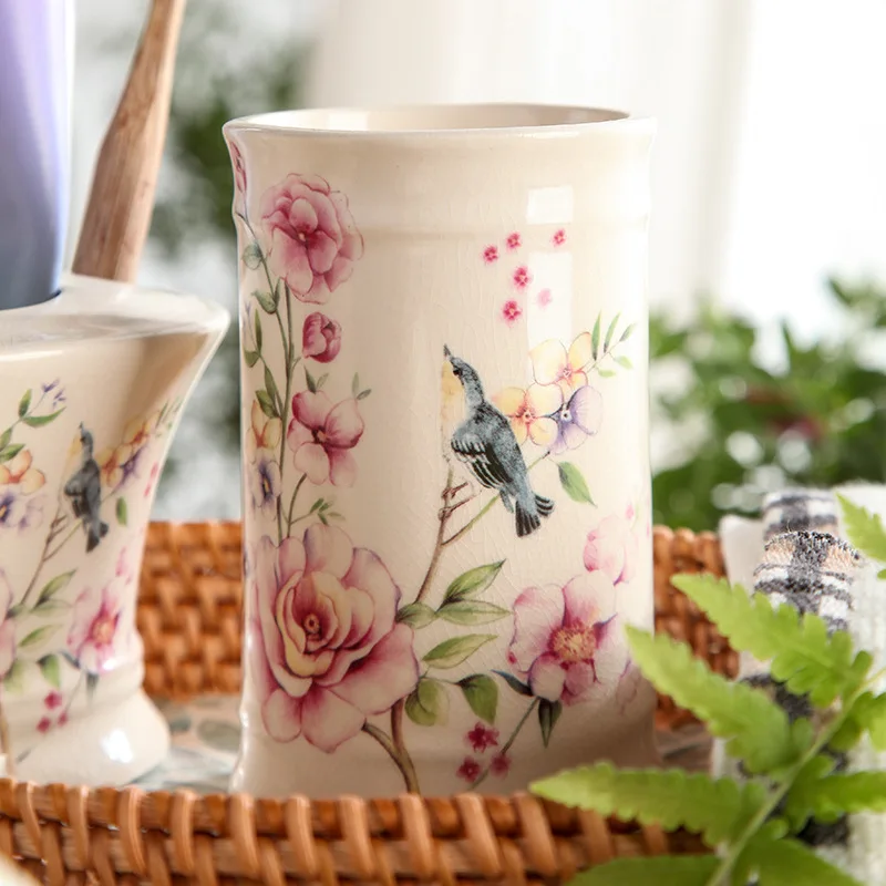 5Pcs Rustic Classical Flower Bird Factory Direct Wholesale Customized Home Hotel Decoration Ceramic Bathroom Accessories Set