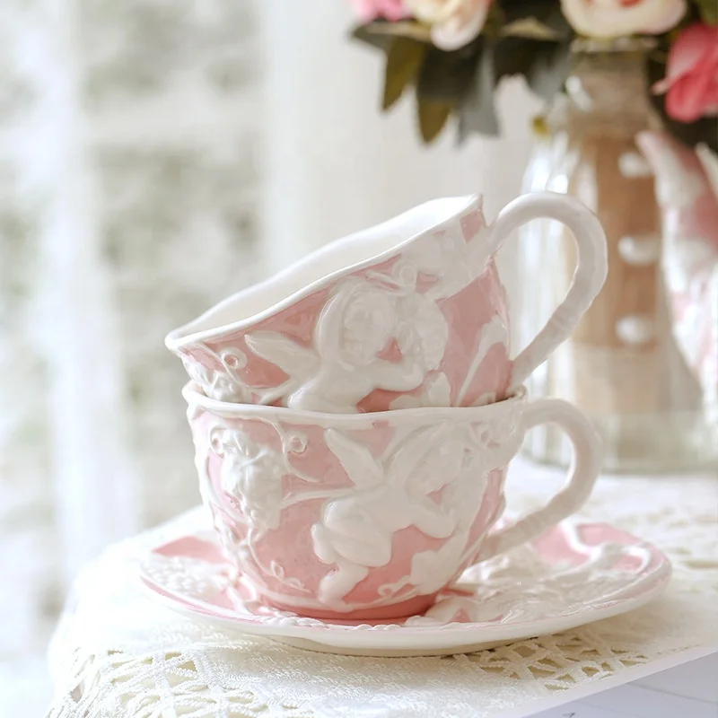 European palace style embossed angel vintage afternoon tea English teacup retro embossed coffee cup and saucer set porcelain