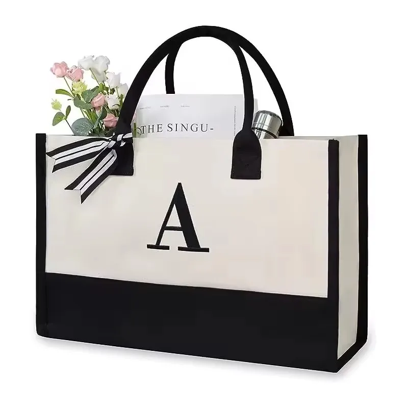 Personalized Initial Canvas Beach Bag Reusable Classic Black and White Blank Canvas Tote Gift Bag with Custom Logo