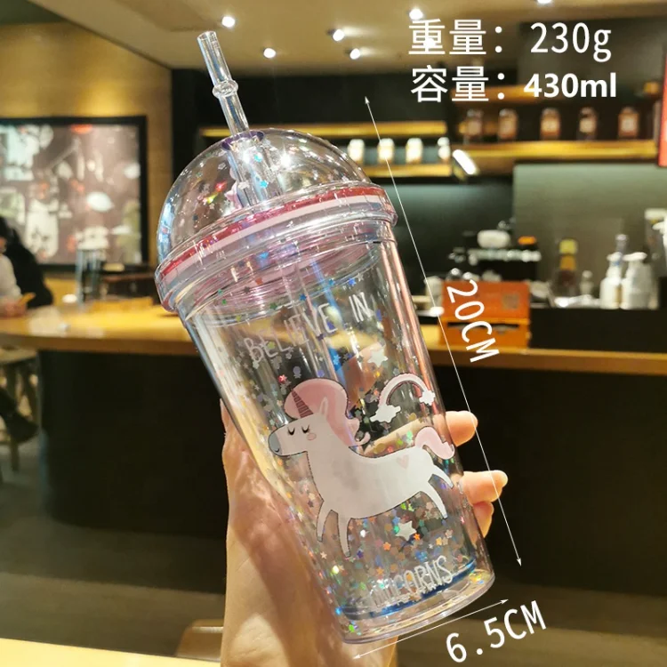 2021 New Summer Cold Straw Cup Cute Sequin Unicorn Water Bottles For Girl