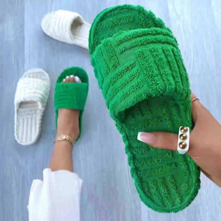 2022 Sandale Femme Fur Slides Platform Green Terry Towel Slippers Fashion Fur Flip Flops Slippers For Women
