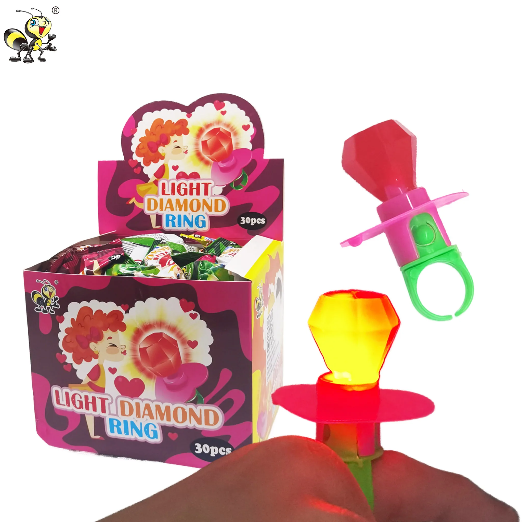 Wholesale Private Label halal fruity loly pop light diamond ring candy toy hard lollipop sweets