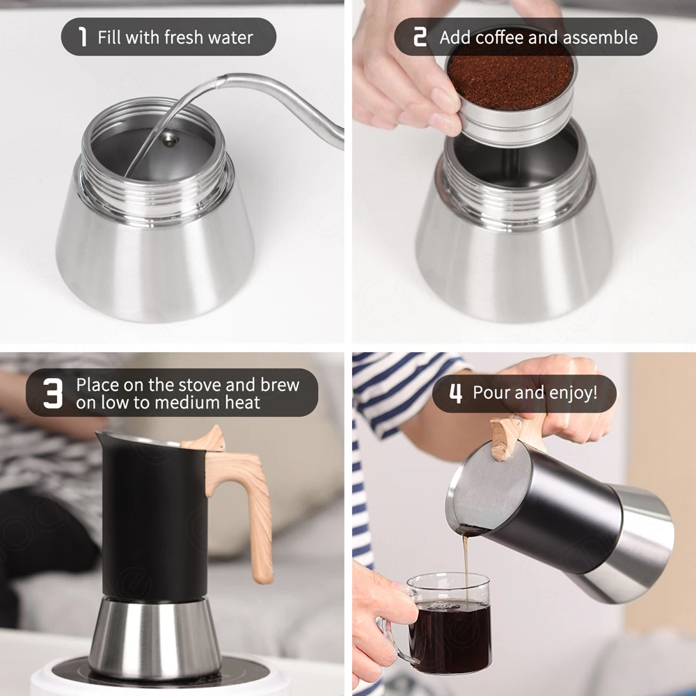 Emode 2024 Top Selling High Quality 4 6 Cups Stainless Steel Coffee Makers Valves Moka Pot With Custom Logo