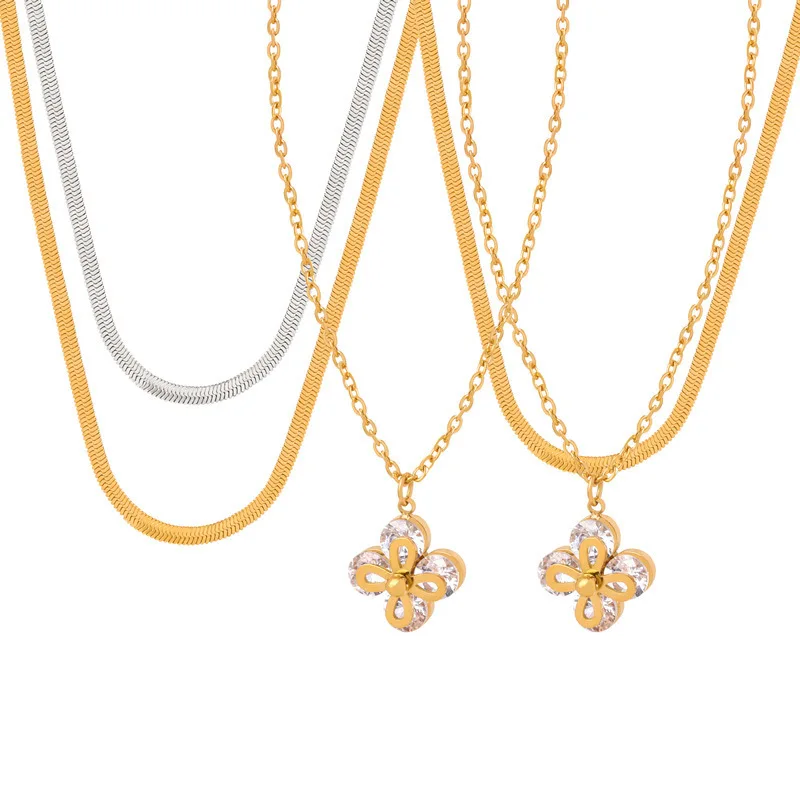 Women Permanent Jewelry Stainless Steel Blade Chain Four Leaf Clover Zircon Pendant Pvd Gold Plated Double Layer Necklace