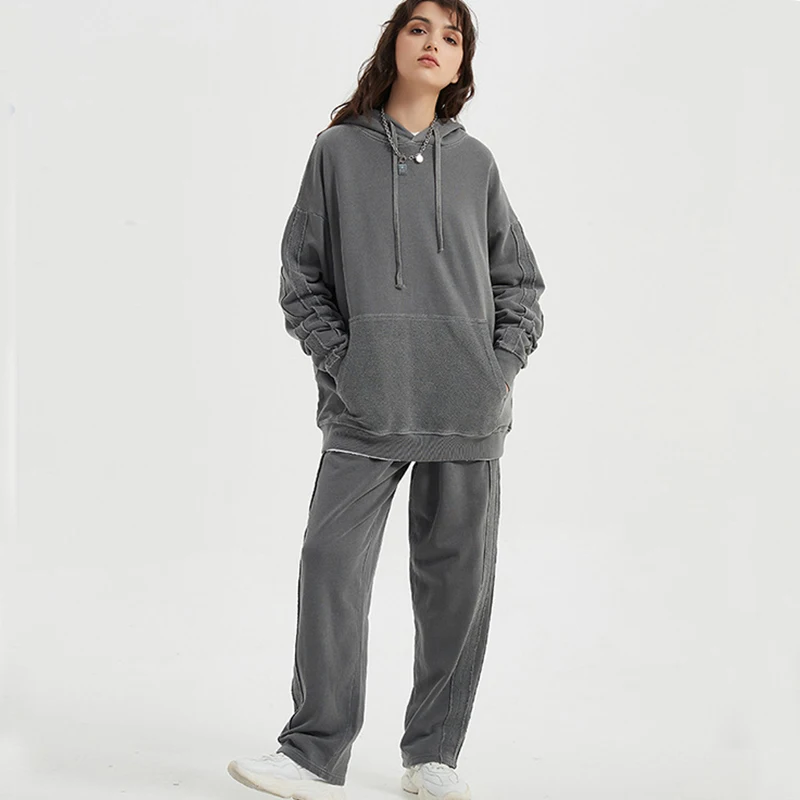 Mens High Street Fashion Brand Loose Stitching Distressed Wide-leg Trousers Washed Casual Heavyweight  Straight Leg Sweatpants