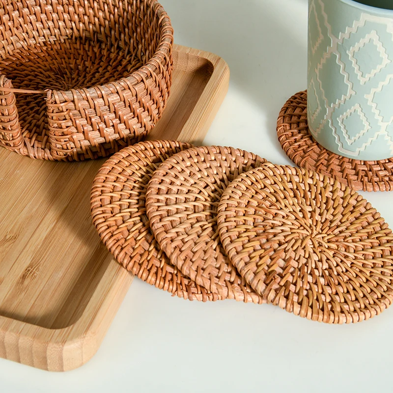 Handmade Natural Rattan Coasters for Drinks Wicker Boho Coasters Woven Coasters for Drinks Set of 6 with Holder