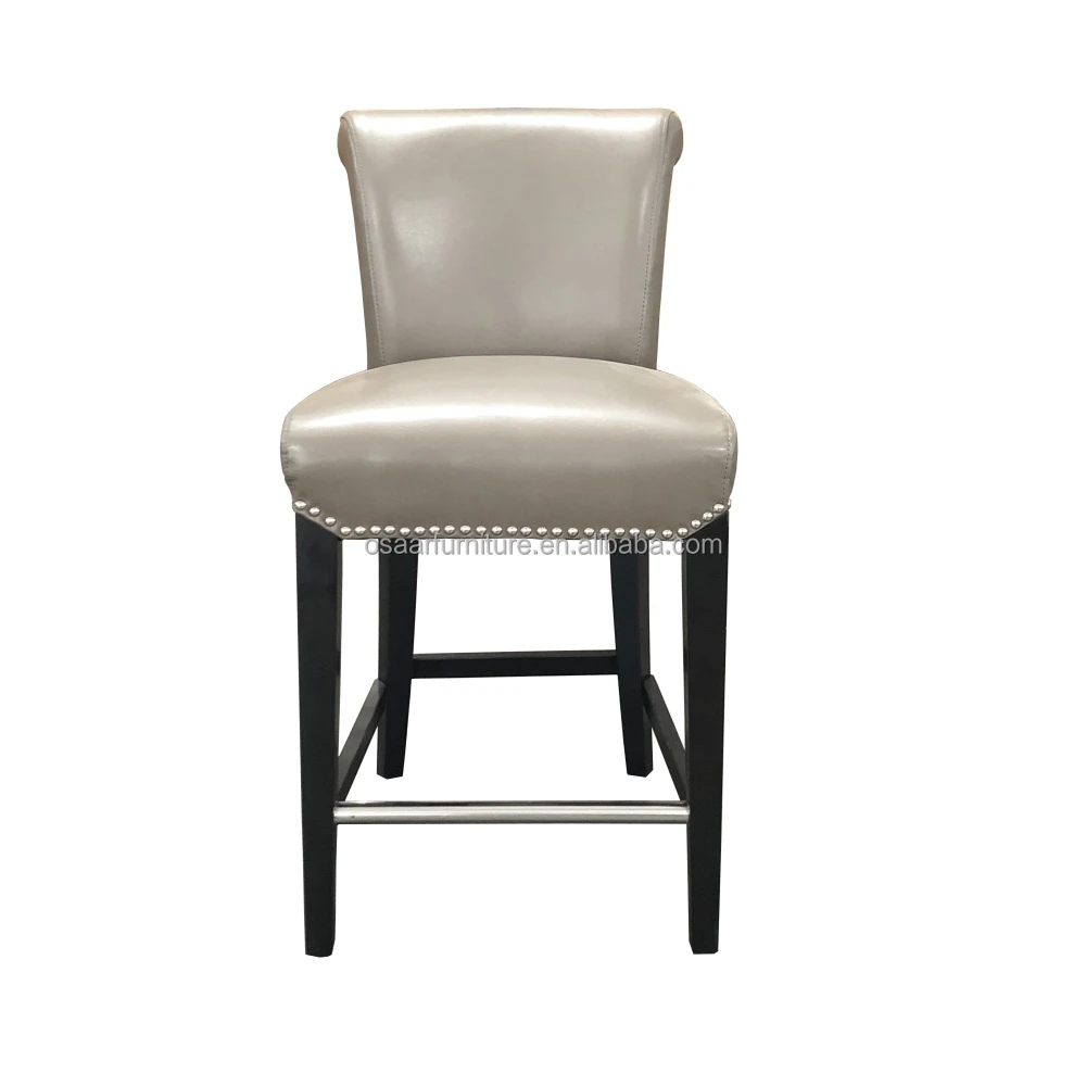 Contemporary Design Nail Headed Stainless Steel Legs Grey Leather Bar Height Stool