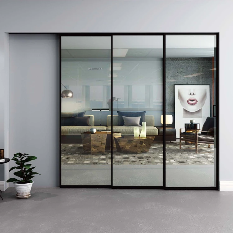 soft closing telescopic sliding door system upper track indoor door interior office partition No bottom track 3 panel glass door