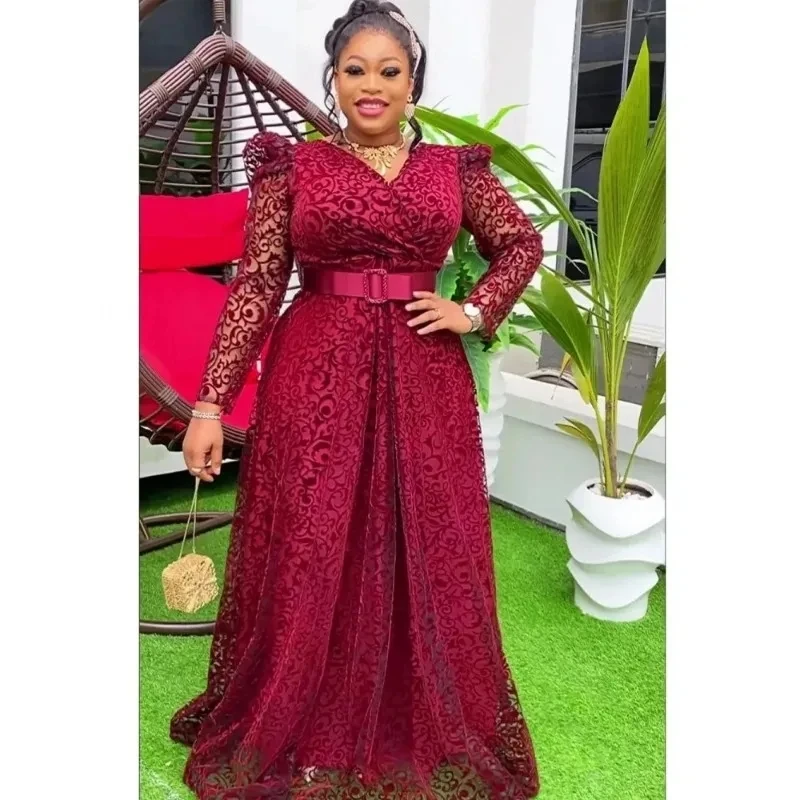 African Women Plus Size Evening Dresses Wedding Party Luxury 2024 Lace Flannel Gown Bodycon Dashiki Ankara Africa Clothing