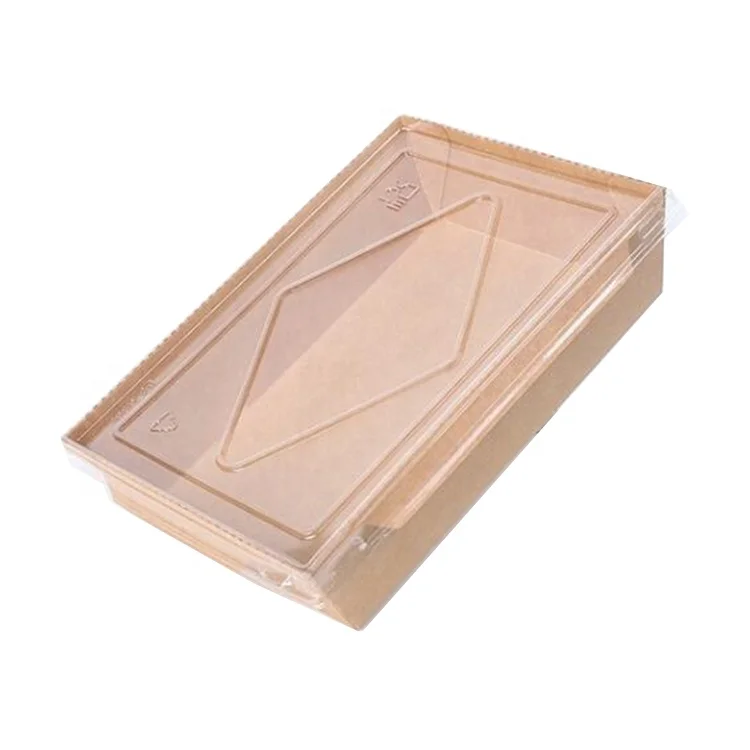 Rectangular Disposable Kraft Paper Tray with Transparent Lid Take Out Catering Brown Container with Clear Cover To Go Container