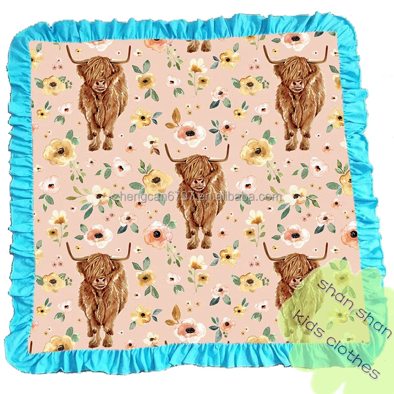 High Quality 2022 Custom Pattern Western Cow Print  Velvet Fabric Super Soft Blue Plush Blanket